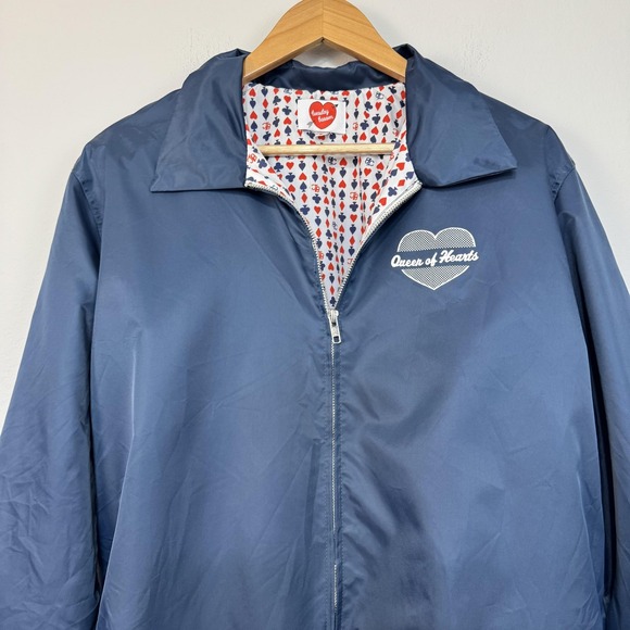 Tuesday Bassen Jacket Womens‎ Large Navy Queen of Hearts Zip Windbreaker Graphic - Picture 2 of 16